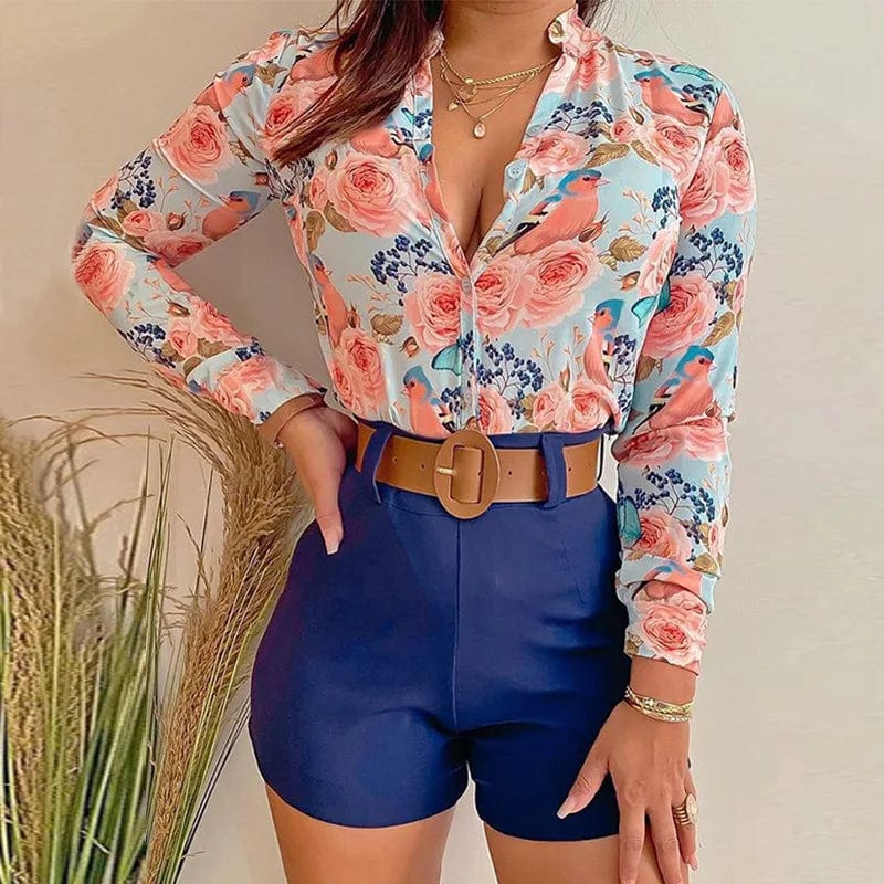 Women's Shorts Suit Summer Fashion Sexy V Neck Long Sleeve Shirts Slim Wear A Belt Elegant Female Blouse Office Two Piece Set - SHOWLU FASHION STORE