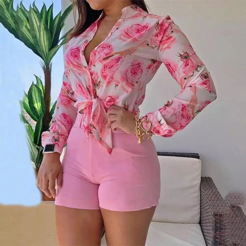 Women's Shorts Suit Summer Fashion Sexy V Neck Long Sleeve Shirts Slim Wear A Belt Elegant Female Blouse Office Two Piece Set - SHOWLU FASHION STORE