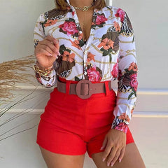 Women's Shorts Suit Summer Fashion Sexy V Neck Long Sleeve Shirts Slim Wear A Belt Elegant Female Blouse Office Two Piece Set - SHOWLU FASHION STORE
