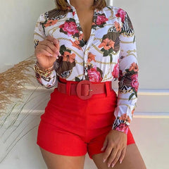 Women's Shorts Suit Summer Fashion Sexy V Neck Long Sleeve Shirts Slim Wear A Belt Elegant Female Blouse Office Two Piece Set - SHOWLU FASHION STORE