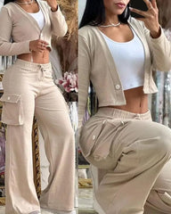Women's Street Top Set Spring Autumn Sexy Solid Color Temperament Long Pants Drawstring Women's Casual Two Piece Set 2023 New - SHOWLU FASHION STORE