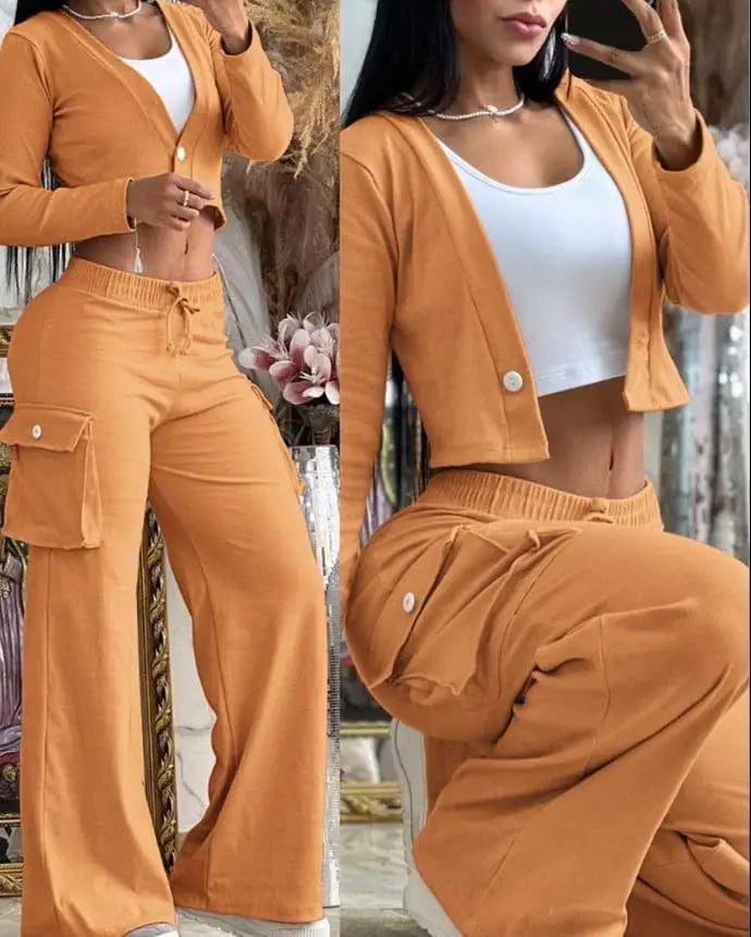 Women's Street Top Set Spring Autumn Sexy Solid Color Temperament Long Pants Drawstring Women's Casual Two Piece Set 2023 New - SHOWLU FASHION STORE