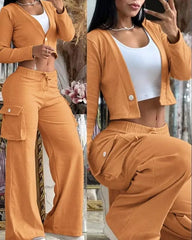 Women's Street Top Set Spring Autumn Sexy Solid Color Temperament Long Pants Drawstring Women's Casual Two Piece Set 2023 New - SHOWLU FASHION STORE