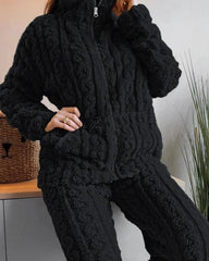 Women's Two Pieces Pajamas Set Autumn Jacquard Textured Stand Collar Zip Up Fuzzy Teddy Long Sleeve Top & Pants Set Thick Warm - SHOWLU FASHION STORE