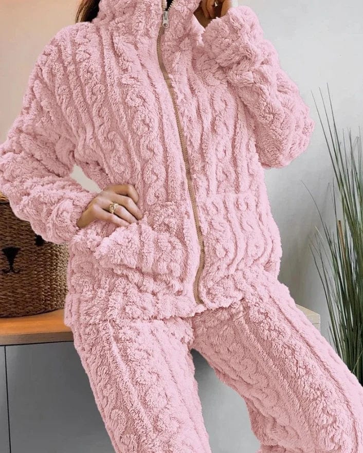 Women's Two Pieces Pajamas Set Autumn Jacquard Textured Stand Collar Zip Up Fuzzy Teddy Long Sleeve Top & Pants Set Thick Warm - SHOWLU FASHION STORE