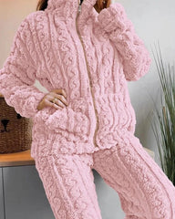 Women's Two Pieces Pajamas Set Autumn Jacquard Textured Stand Collar Zip Up Fuzzy Teddy Long Sleeve Top & Pants Set Thick Warm - SHOWLU FASHION STORE