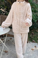 Women's Two Pieces Pajamas Set Autumn Jacquard Textured Stand Collar Zip Up Fuzzy Teddy Long Sleeve Top & Pants Set Thick Warm - SHOWLU FASHION STORE