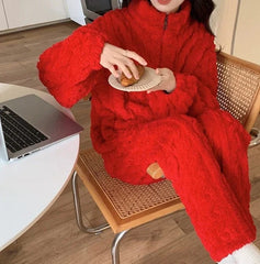 Women's Two Pieces Pajamas Set Autumn Jacquard Textured Stand Collar Zip Up Fuzzy Teddy Long Sleeve Top & Pants Set Thick Warm - SHOWLU FASHION STORE