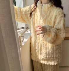 Women's Two Pieces Pajamas Set Autumn Jacquard Textured Stand Collar Zip Up Fuzzy Teddy Long Sleeve Top & Pants Set Thick Warm - SHOWLU FASHION STORE