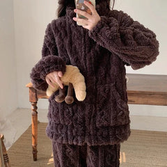 Women's Two Pieces Pajamas Set Autumn Jacquard Textured Stand Collar Zip Up Fuzzy Teddy Long Sleeve Top & Pants Set Thick Warm - SHOWLU FASHION STORE