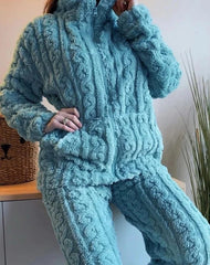 Women's Two Pieces Pajamas Set Autumn Jacquard Textured Stand Collar Zip Up Fuzzy Teddy Long Sleeve Top & Pants Set Thick Warm - SHOWLU FASHION STORE
