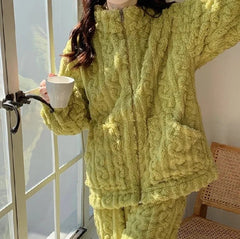 Women's Two Pieces Pajamas Set Autumn Jacquard Textured Stand Collar Zip Up Fuzzy Teddy Long Sleeve Top & Pants Set Thick Warm - SHOWLU FASHION STORE