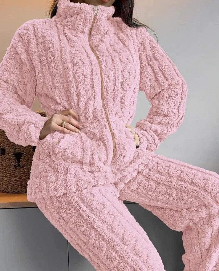 Women's Two Pieces Pajamas Set Autumn Jacquard Textured Stand Collar Zip Up Fuzzy Teddy Long Sleeve Top & Pants Set Thick Warm - SHOWLU FASHION STORE