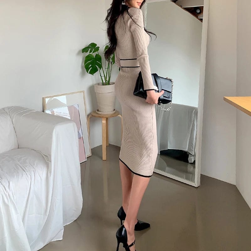 YuooMuoo Chic Fashion Knitted Dresses 2024 Autumn Winter Women Lace - up Long Sleeve Sweater Dress Elegant Office Lady Vestidos - SHOWLU FASHION STORE