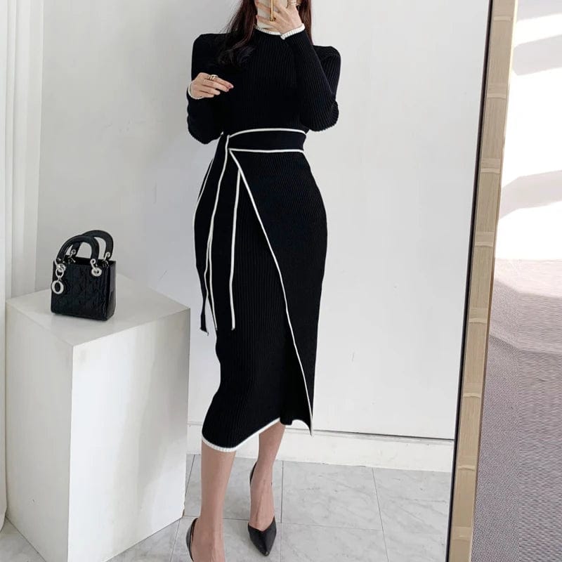 YuooMuoo Chic Fashion Knitted Dresses 2024 Autumn Winter Women Lace - up Long Sleeve Sweater Dress Elegant Office Lady Vestidos - SHOWLU FASHION STORE