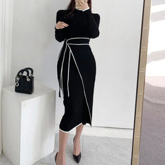 YuooMuoo Chic Fashion Knitted Dresses 2024 Autumn Winter Women Lace - up Long Sleeve Sweater Dress Elegant Office Lady Vestidos - SHOWLU FASHION STORE