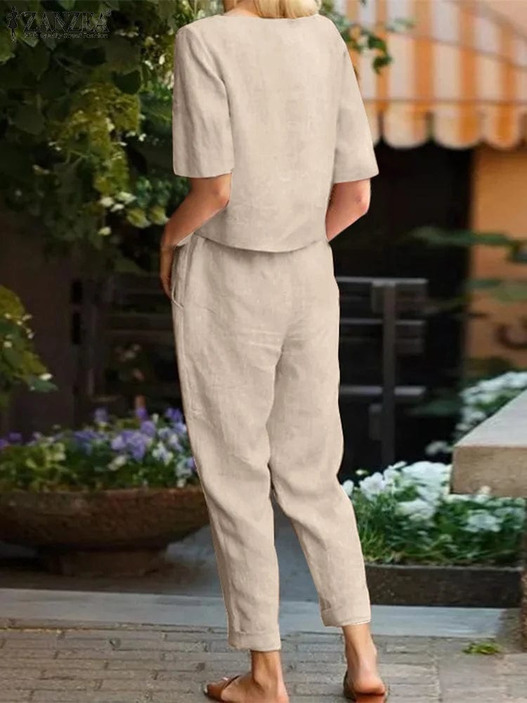 ZANZEA Summer Women Short Sleeve Blouse Harem Pants Sets 2PCS Solid Tracksuit Two Piece Sets Loose Outifit Casual Matching Sets - SHOWLU FASHION STORE