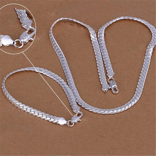 Anel Demosthene General Store 0 45cm and 20cm 925 silver color Christmas gifts European style retro 6MM flat chain necklace bracelets fashion For man women jewelry sets S085