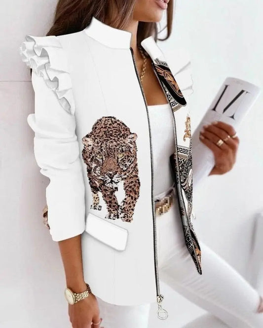 Showlu Fashion Store 0 Tiger / S Colorful Blazer Jacket for Women Leopard Printed Ruffled Long-sleeved Zipper Printed Suit Plus Size Clothing for Women Blazers