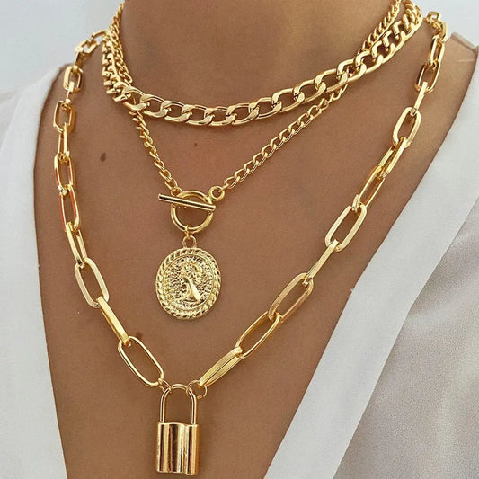 Showlu Fashion Store 0 ENS51615298 EN Charm Fashion Multilayer Gold Color Thick Chain Lock Pendant Necklace 2022 Jewelry Vintage Coin Choker Necklace for Women