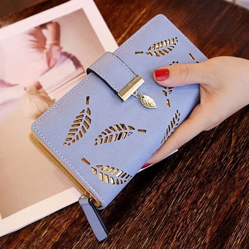 Showlu Fashion Store 0 Fashion PU Leather Wallet Purse Women Long Wallet Gold Hollow Leaves Pouch Handbag For Women Coin Purse Card Holders Clutch