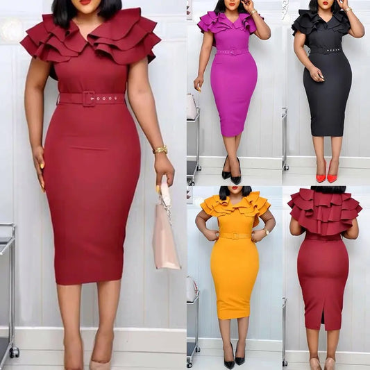 Showlu Fashion Store 0 Fashion Women Dresses Summer 2022 Office Lady Solid Color V Neck Short Ruffled Sleeve Belt Bodycon Midi Dress New Vestidos Robe