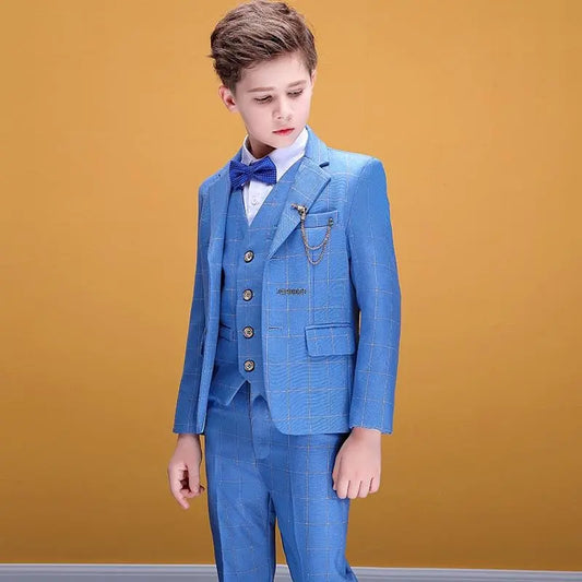 Showlu Fashion Store 0 Flower Boys Plaid Blue Photograph Suit Kids Wedding Party Dress Teenager Birthday Tuxedo Dress Children Graduation Stage Costume