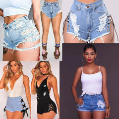 Jeans European and American - Style Lace Denim with Hole Hot Pants - SHOWLU FASHION STORE