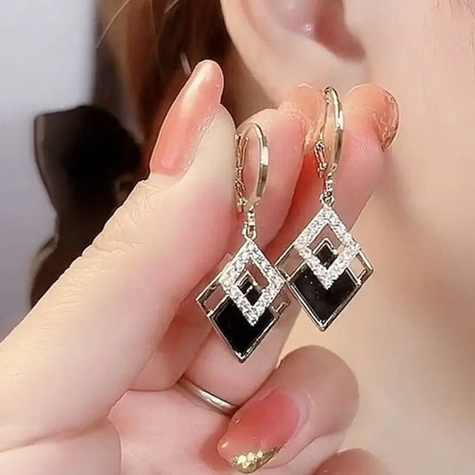 Showlu Fashion Store 0 Luxury Trend Black Color Double Layer Earrings For Women Korean Crystal Zircon Geometric Earring Bride Wedding Statement Jewelry