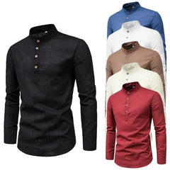 Men's solid color casual slim fitting standing collar long sleeved business shirt shirt - SHOWLU FASHION STORE