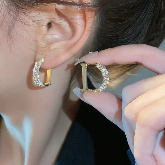 Showlu Fashion Store 0 New Fashion Full of Rhinestone Letter D Earrings For Women Luxury Brand Gold Color Metal Small Earrings Party Jewelry Gift