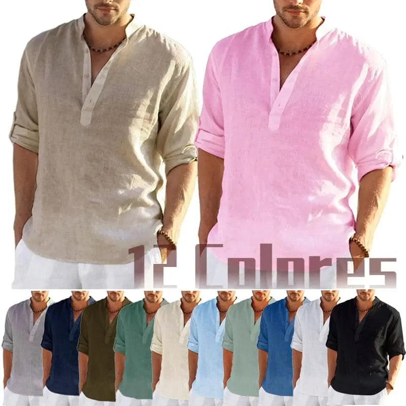 New Men's Linen Long Sleeve T-Shirt Solid Color Loose Casual Shirt Long Sleeve Cotton Linen Shirt - SHOWLU FASHION STORE