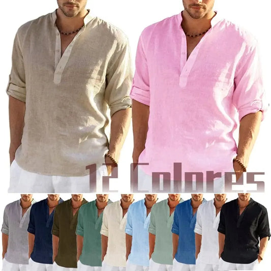 New Men's Linen Long Sleeve T-Shirt Solid Color Loose Casual Shirt Long Sleeve Cotton Linen Shirt - SHOWLU FASHION STORE