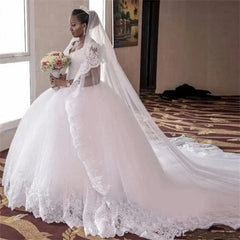 Showlu Fashion Store 0 White / 2 / Floor Length New White Ball Gown Wedding Dresses Sleeveless Beading Gorgeous Lace Appliques V-Neck Court Train Plus Size Bridal Gowns
