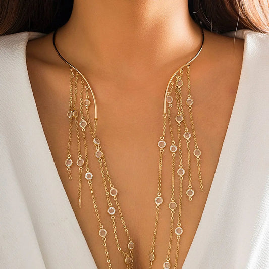 Showlu Fashion Store 0 Silver Link Sexy Goth Long Tassel Star Crystal Sequin Pendant Open Torques Choker Necklace for Women Vintage Chest Chain Wed Accessories New