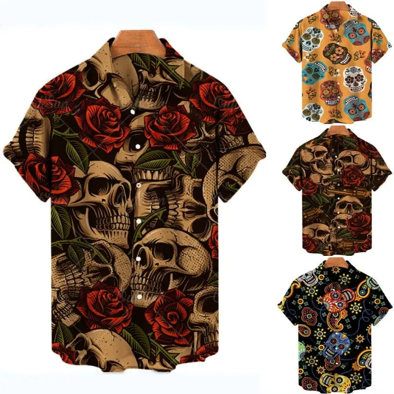 Skull Print Hawaiian Polo Shirt - SHOWLU FASHION STORE