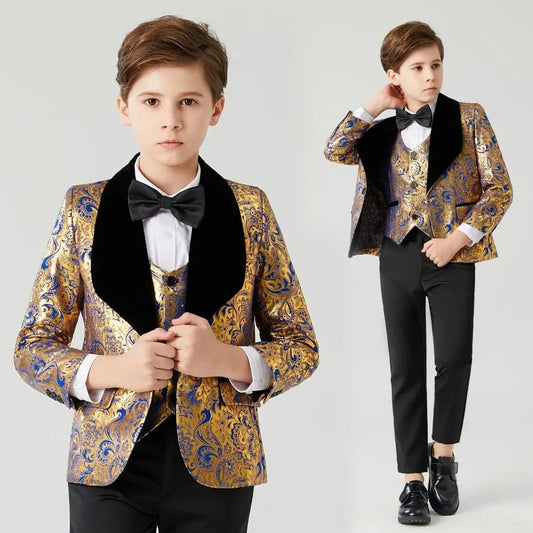 Showlu Fashion Store 0 Blue / 3T(Height 90CM) Suit for Boy communion wedding dress for boy kids Costume Children&#39;s Blue Gold suit Boys&#39; black collar suit 3PCS   Flower Boys