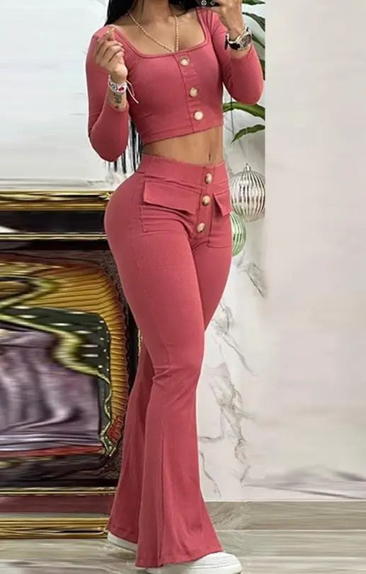 Two Piece Set Women Outfit 2023 Summer Fashion Square Neck Long Sleeve Buttoned Top & Pocket Design High Waist Flared Pants Set - SHOWLU FASHION STORE
