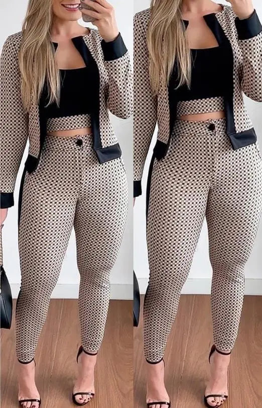 Two Piece Set Women Outfit Spring Fashion Plaid Print Contrast Paneled Open Front Long Sleeve Coat & Elegant Skinny Pants Set - SHOWLU FASHION STORE
