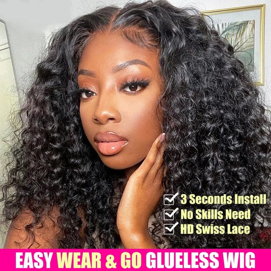 Showlu Store Nation 0 26inches / Glueless Wig Water Wave Glueless Wig Pre-Cut HD Lace Wig 180% Pre-Plucked Natural Wave Glueless Curly Human Hair Wigs For Women